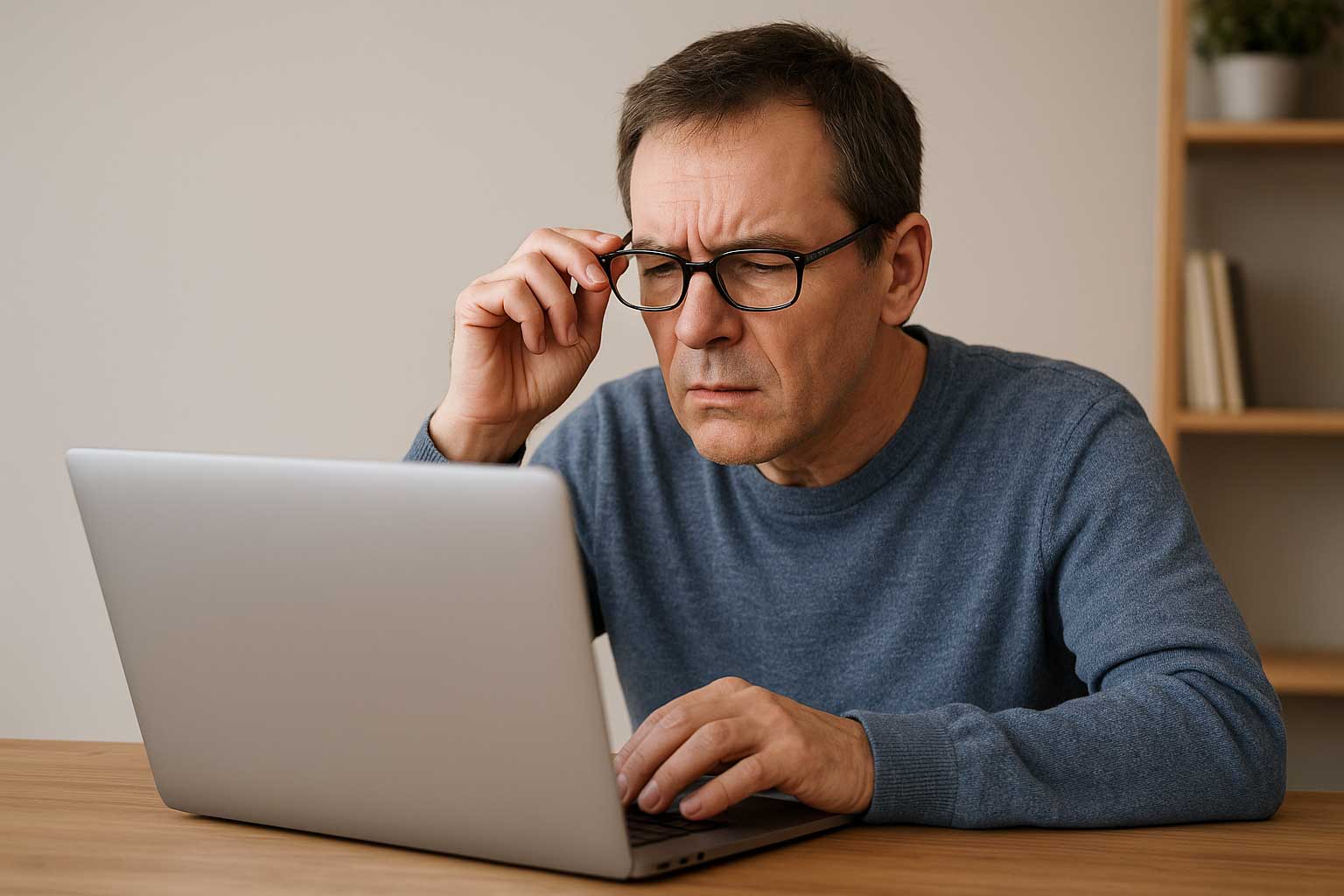 Barrierefreiheit: Mann mit sichtlichen Sehproblemen sitzt vor seinem Notebook und versucht mit Brille zu lesen