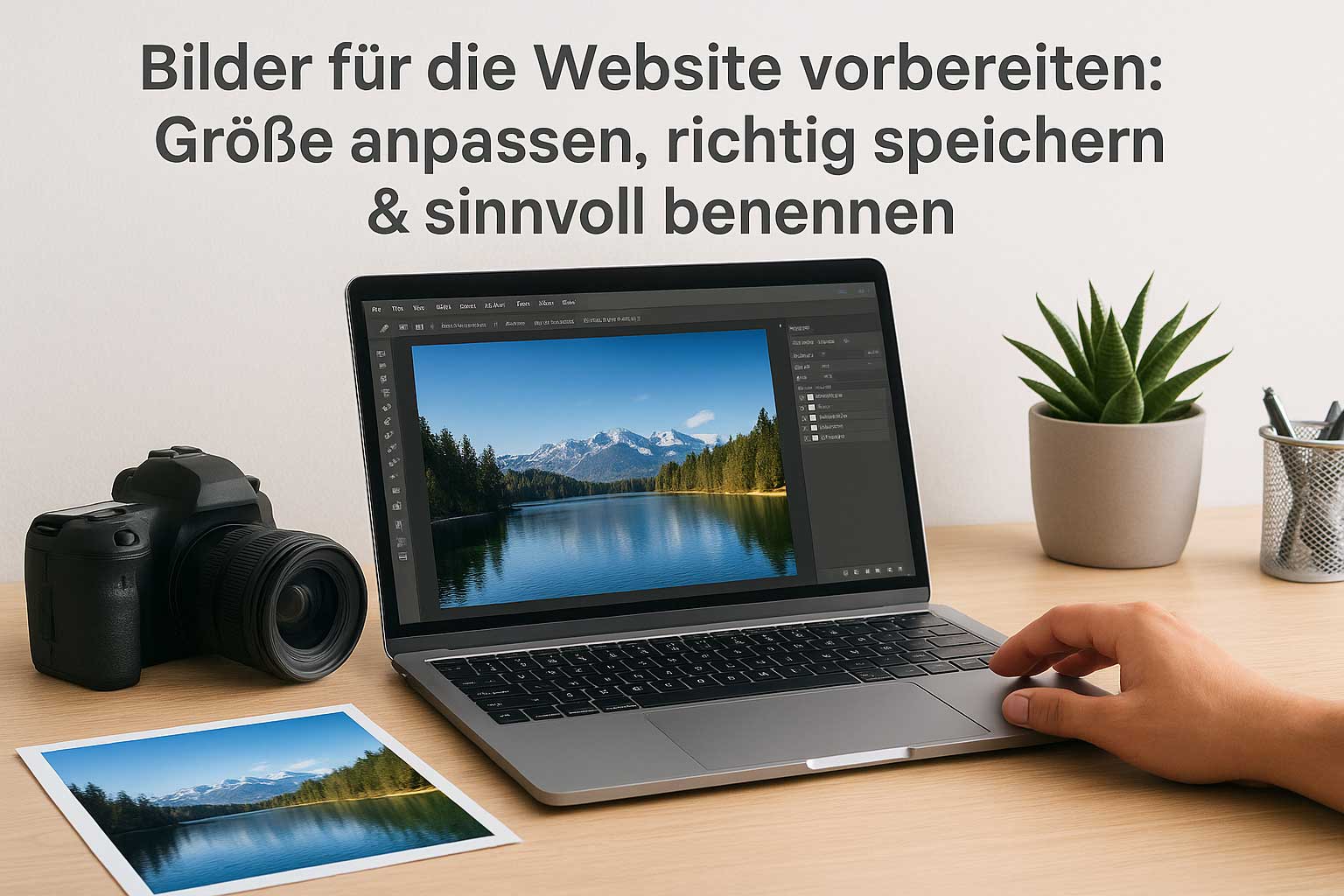 Laptop mit Bildbearbeitung und Kamera – Fotos für Website vorbereiten.