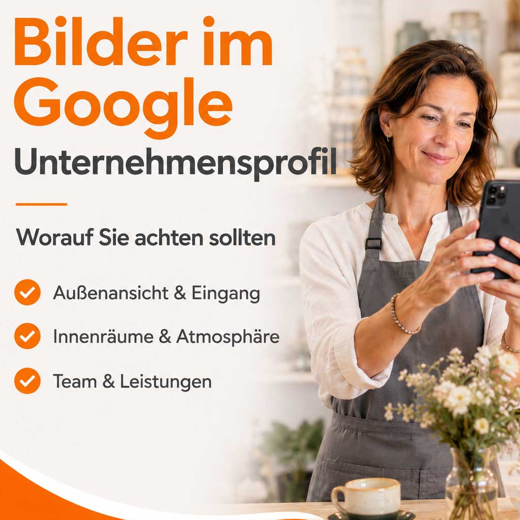 Frau erstellt Bilder für ihr Google Unternehmensprofil mit Hinweisen zu Außenansicht, Innenräumen und Leistungen. Frau erstellt Bilder für ihr Google Unternehmensprofil mit Hinweisen zu Außenansicht, Innenräumen und Leistungen.
