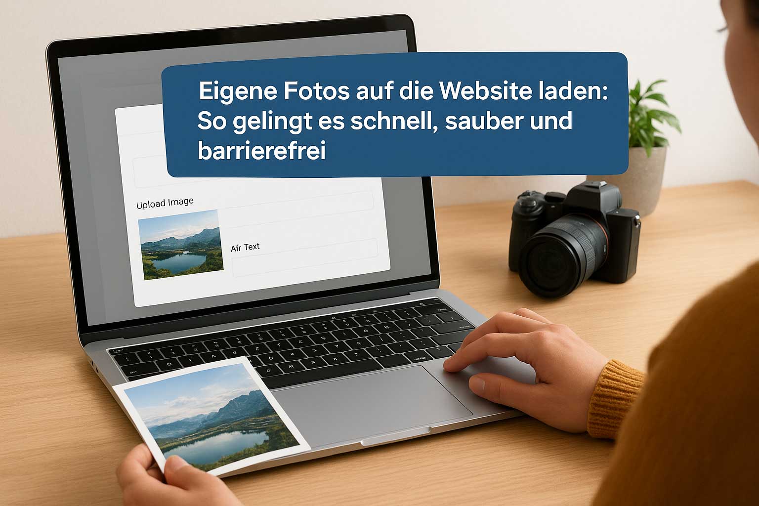 Foto-Upload im CMS auf Laptop – Bildoptimierung und Webdesign.