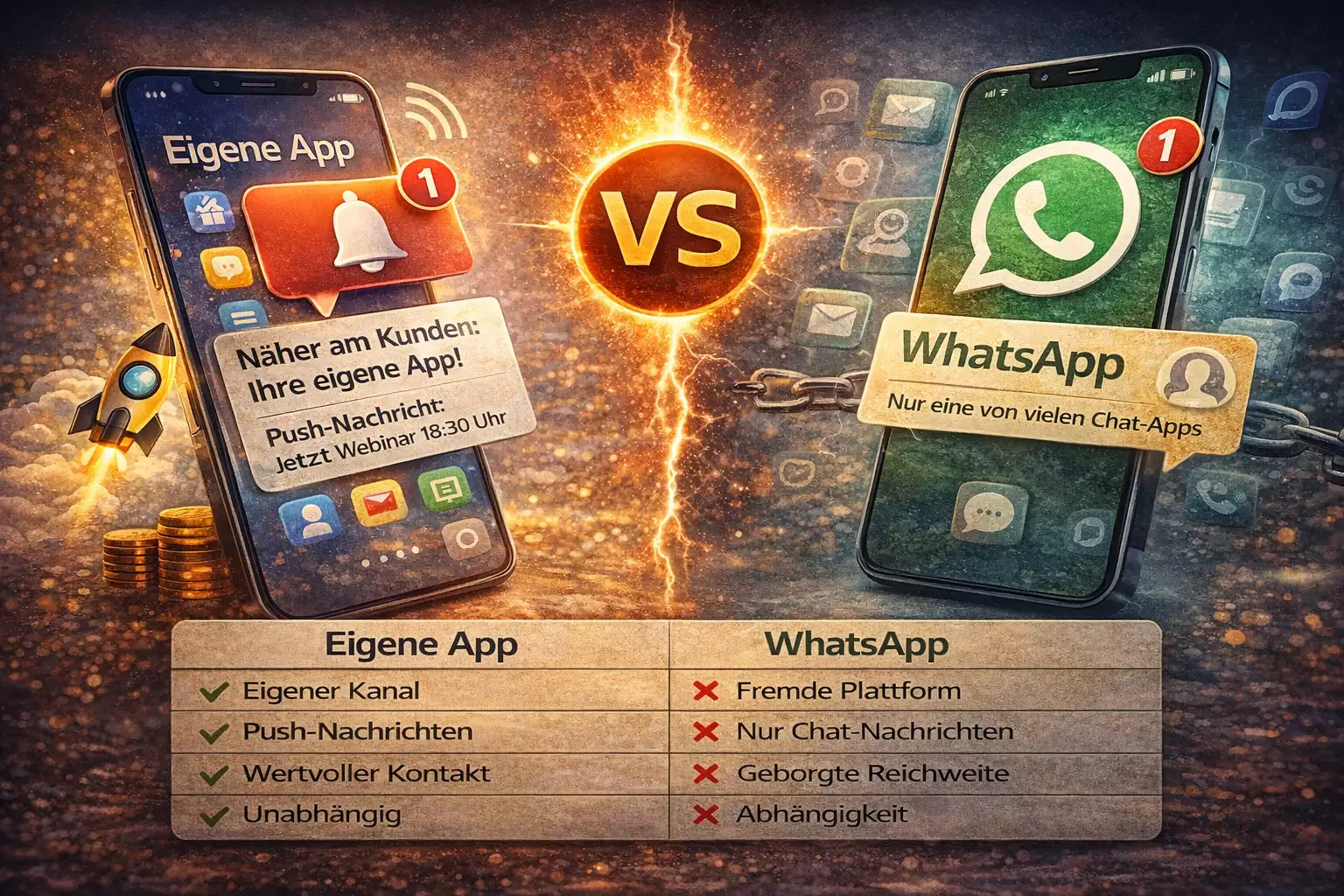 Eigene App mit Push-Nachrichten im Vergleich zu WhatsApp – Kundenkommunikation und Reichweite für Unternehmen