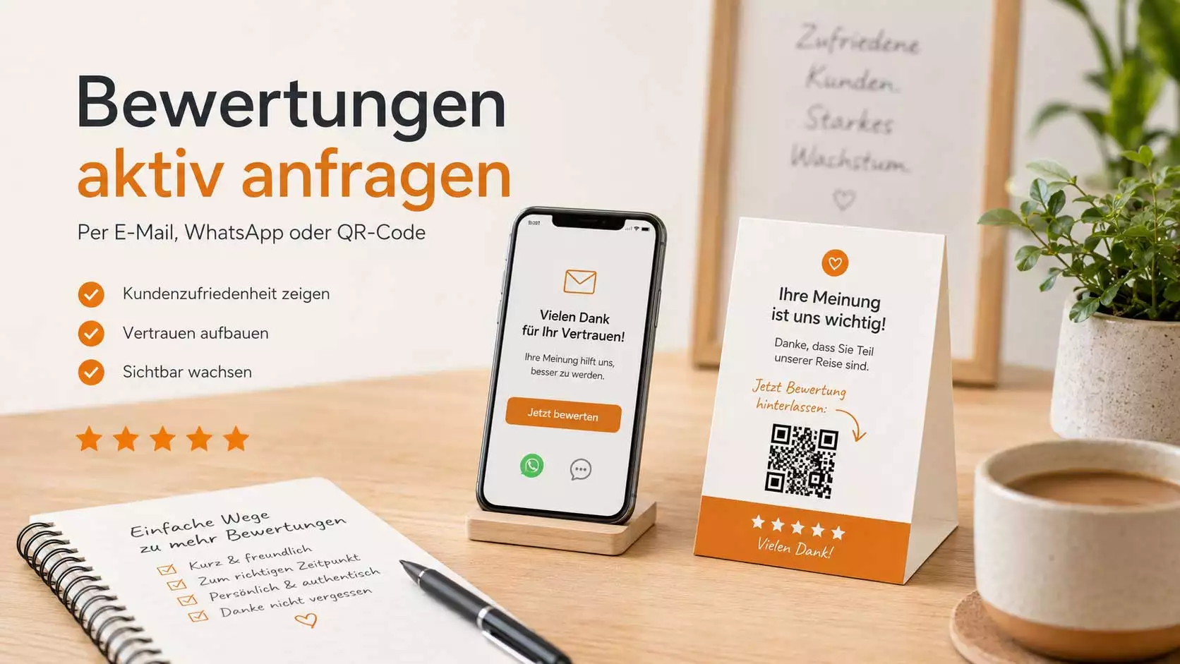 Schreibtisch mit Smartphone, QR-Code-Karte und Notizbuch zur aktiven Anfrage von Google Bewertungen.