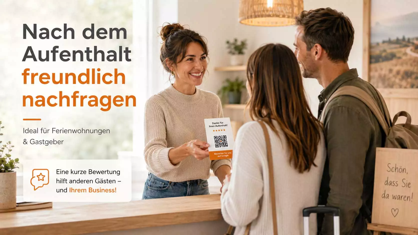 Gastgeberin bittet Gäste nach dem Aufenthalt freundlich um eine Google Bewertung per QR-Code-Karte.