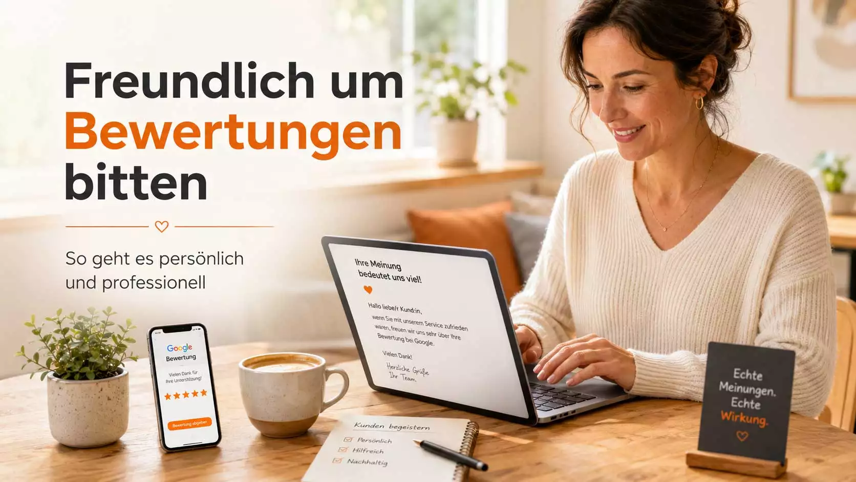 Frau formuliert am Laptop eine freundliche Anfrage für Google Bewertungen mit Smartphone und Bewertungshinweis.