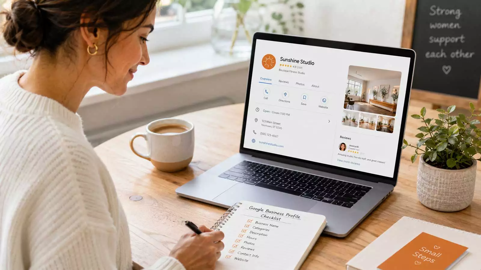 Frau am Laptop prüft ein Google Unternehmensprofil und hakt eine Checkliste für ein vollständiges Profil ab.