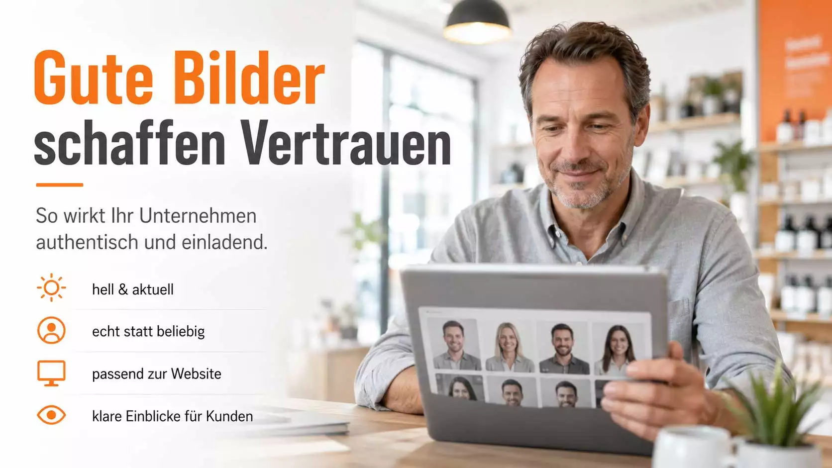 Unternehmer prüft am Tablet Bilder für sein Google Unternehmensprofil, um Vertrauen und Sichtbarkeit zu stärken.