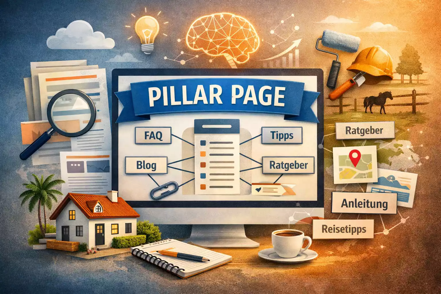 Illustration einer Pillar Page als zentrale Website-Seite mit verknüpften Blogartikeln, FAQs und Ratgebern