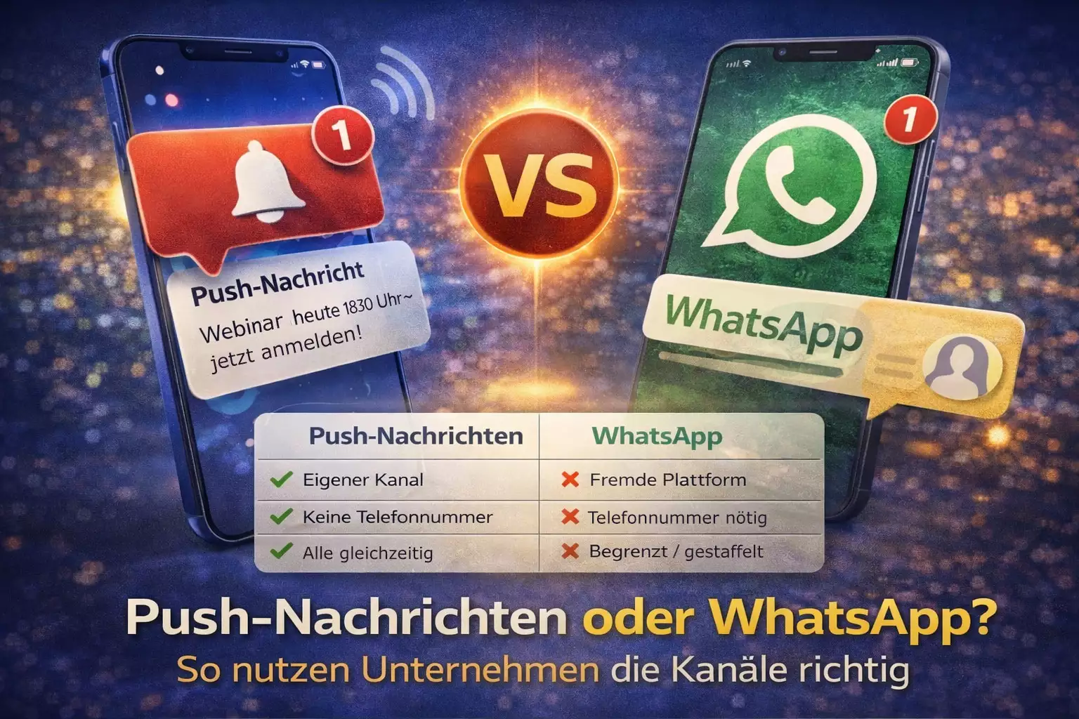 Vergleich von Push-Nachrichten und WhatsApp in der Kundenkommunikation – Reichweite, Kontrolle und Unterschiede auf einen Blick