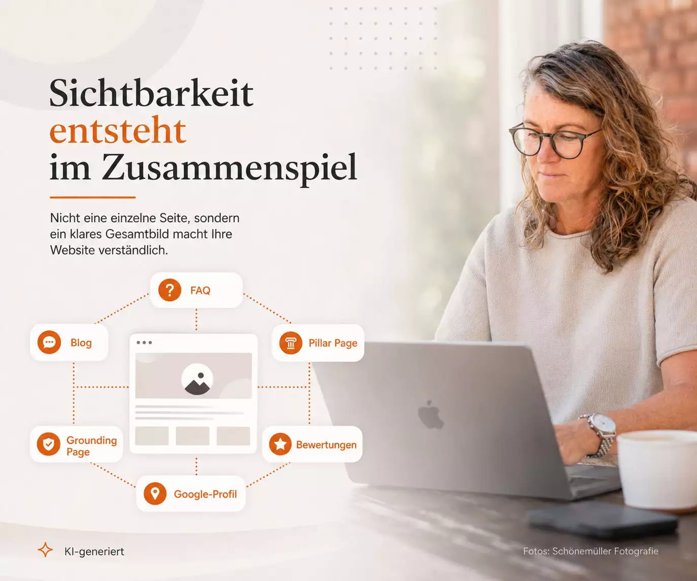 Ines Preißer am Laptop mit Grafik zu FAQ, Blog, Pillar Page, Grounding Page, Bewertungen und Google-Profil.
