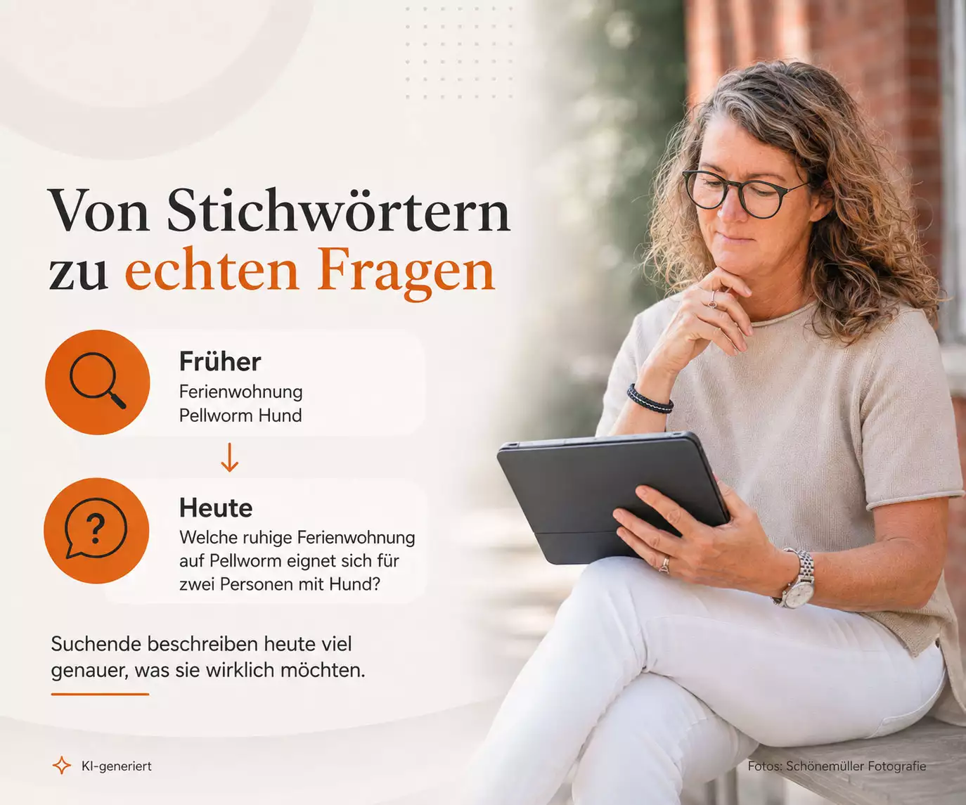 Vergleich zwischen früheren Stichwortsuchen und heutigen konkreten Fragen bei der Online-Suche.