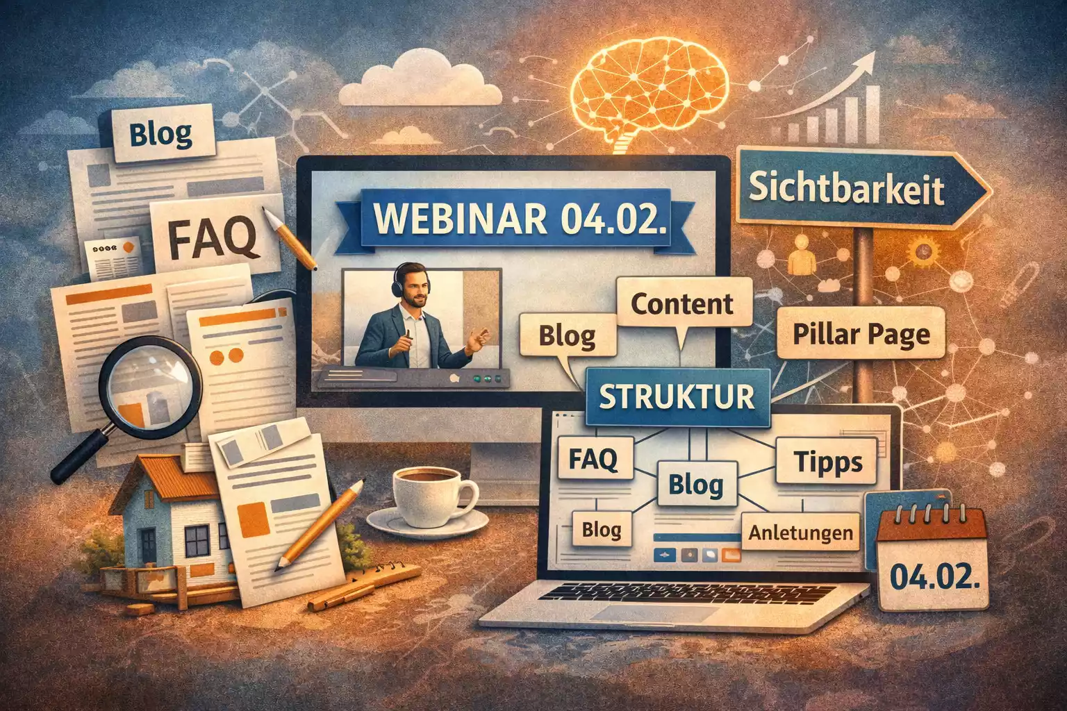 Illustration eines Webinars mit Fokus auf Blog, FAQ, Content-Struktur und Pillar Page zur besseren Online-Sichtbarkeit