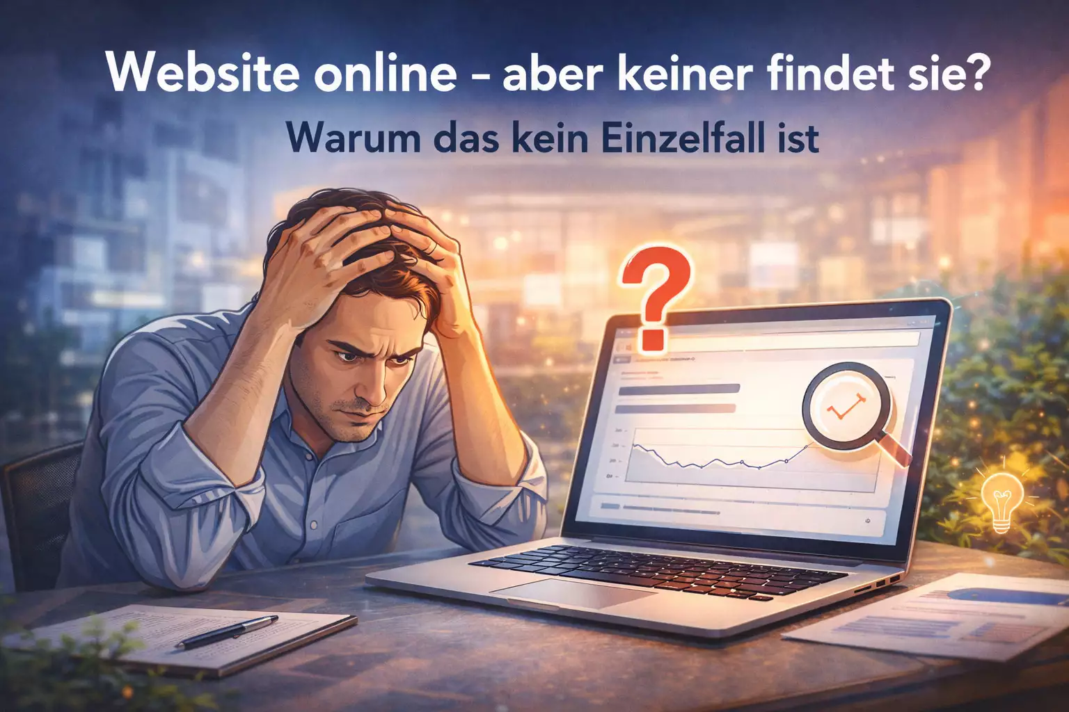 Illustration eines Website-Betreibers vor Laptop mit sinkender Besucherstatistik – Symbol für fehlende Sichtbarkeit und SEO-Probleme