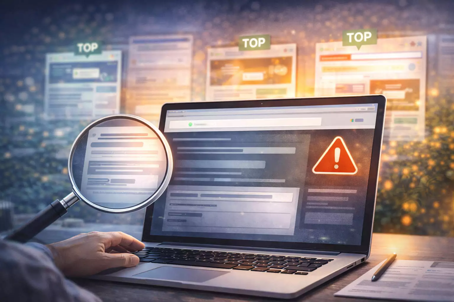 Illustration zeigt eine Website auf einem Laptop, die trotz Analyse mit Lupe an Sichtbarkeit verliert, während andere Seiten im Hintergrund besser ranken – Symbol für unbemerkten Sichtbarkeitsverlust bei Google