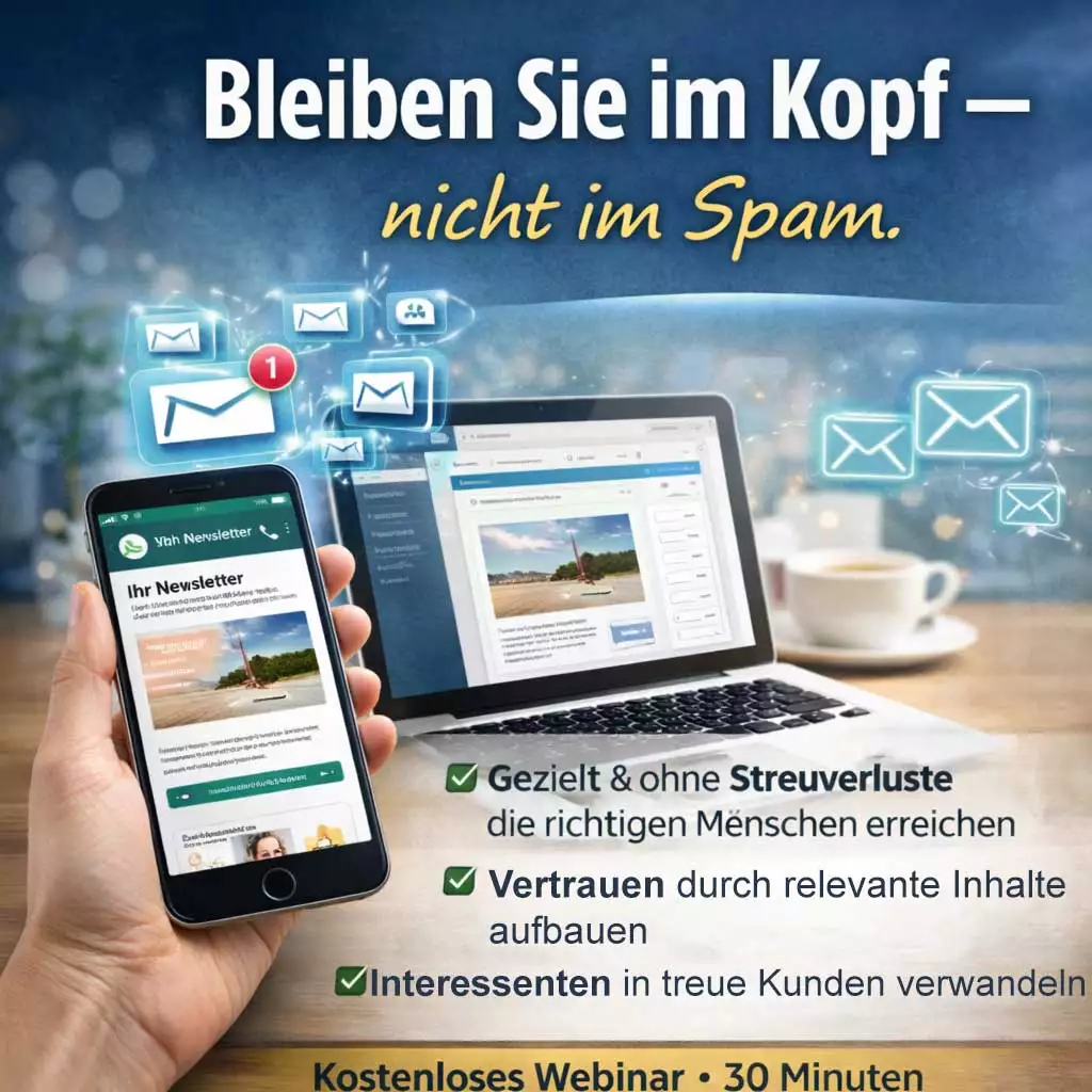 Tisch mit Notebook und Smartphone, dass in der Hand liegt und der Newsletter gelesen wird.