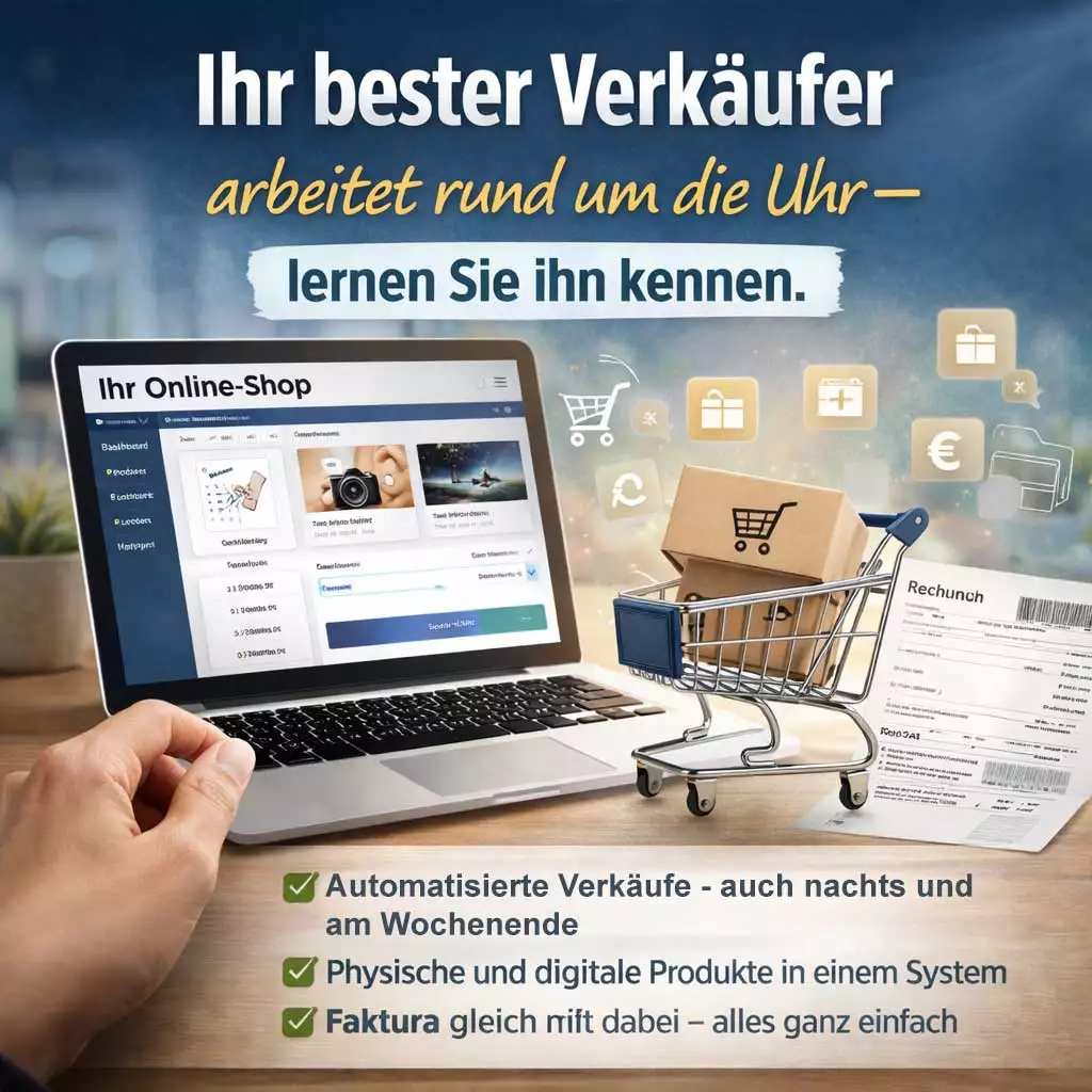 Tisch mit Notebook und Warenkorb sowie eine Rechnung - ein Einkauf im Online Shop