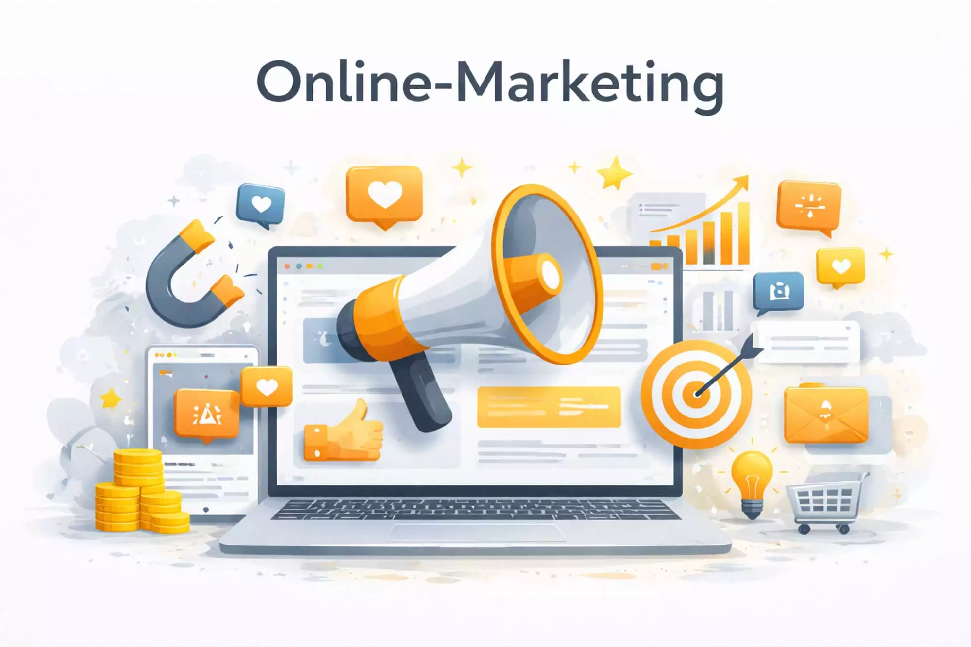 Online-Marketing: Illustriertes Bild zeigt was alles zum Online-Marketing gehört