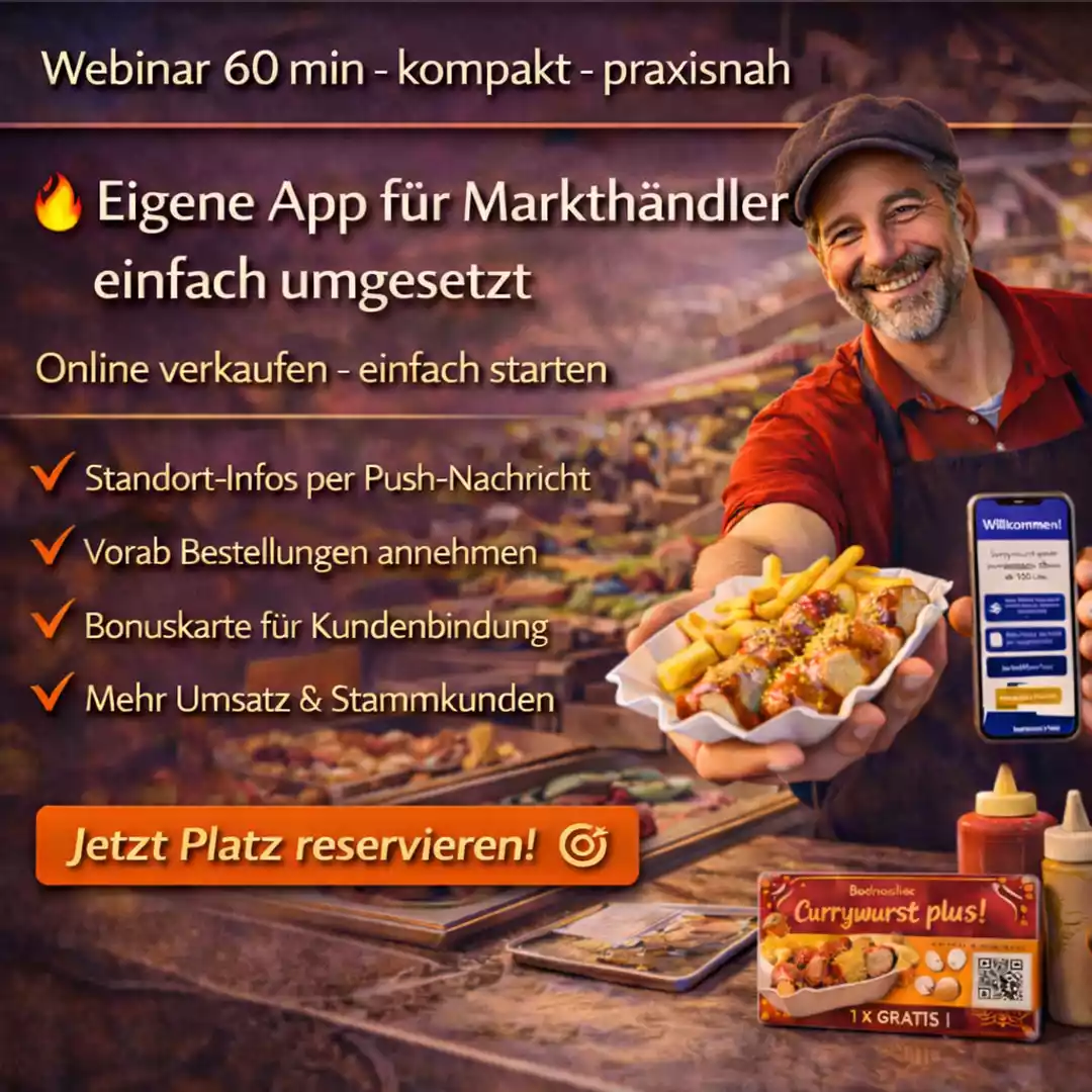 Markthändler verkauft Currywurst am Imbissstand und nutzt eigene App zur Kundenbindung und Online-Verkauf