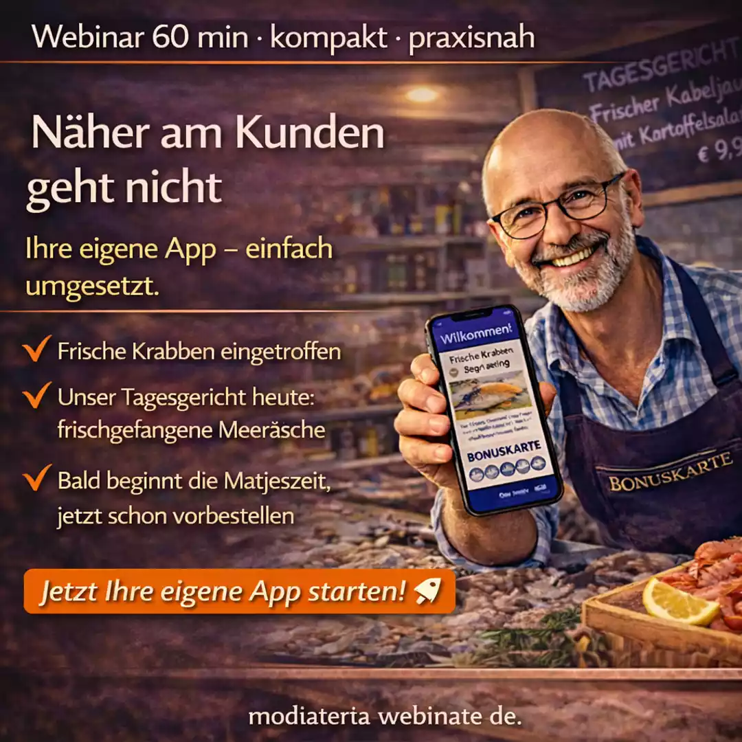 Fischhändler präsentiert frischen Fisch und nutzt App für Tagesangebote und Kundenkommunikation