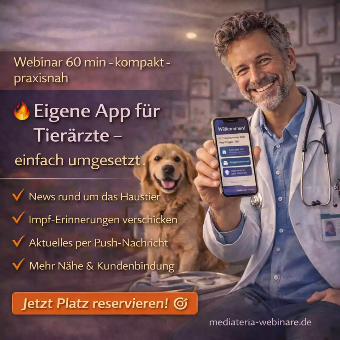 Tierarzt mit Hund in Praxis nutzt App für Kundenbindung, Impferinnerungen und Terminmanagement