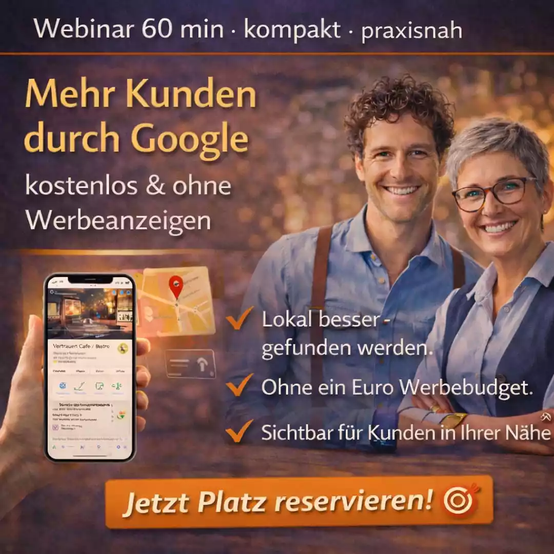 Webinar Google Unternehmensprofil – Mann und Frau zeigen, wie kleine Unternehmen lokal besser gefunden werden und ohne Werbeanzeigen mehr Kunden gewinnen