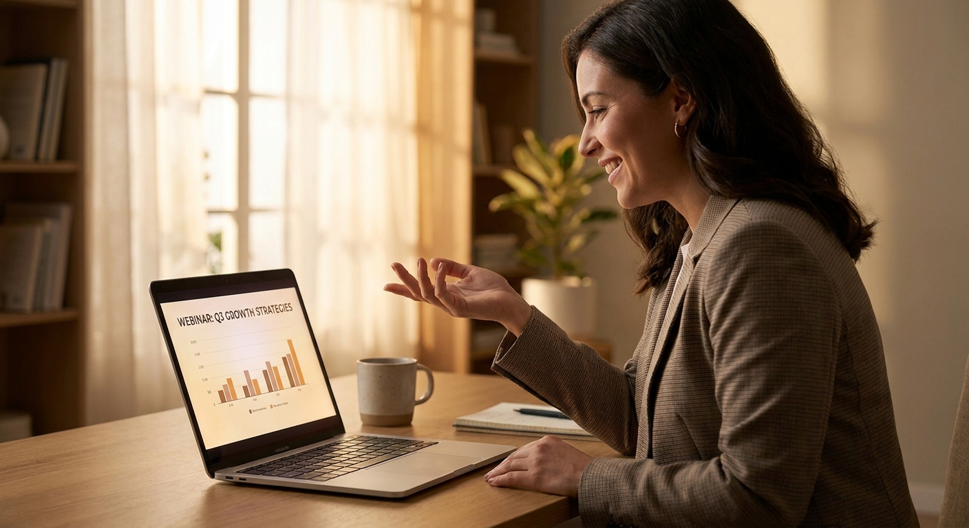 Frau hält ein Online-Webinar am Laptop in einem modernen hellen Büro