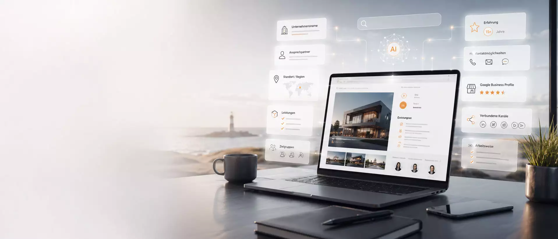 Moderner Arbeitsplatz mit strukturierten Unternehmensinformationen für Webdesign, SEO, Google Unternehmensprofil und KI-Sichtbarkeit.