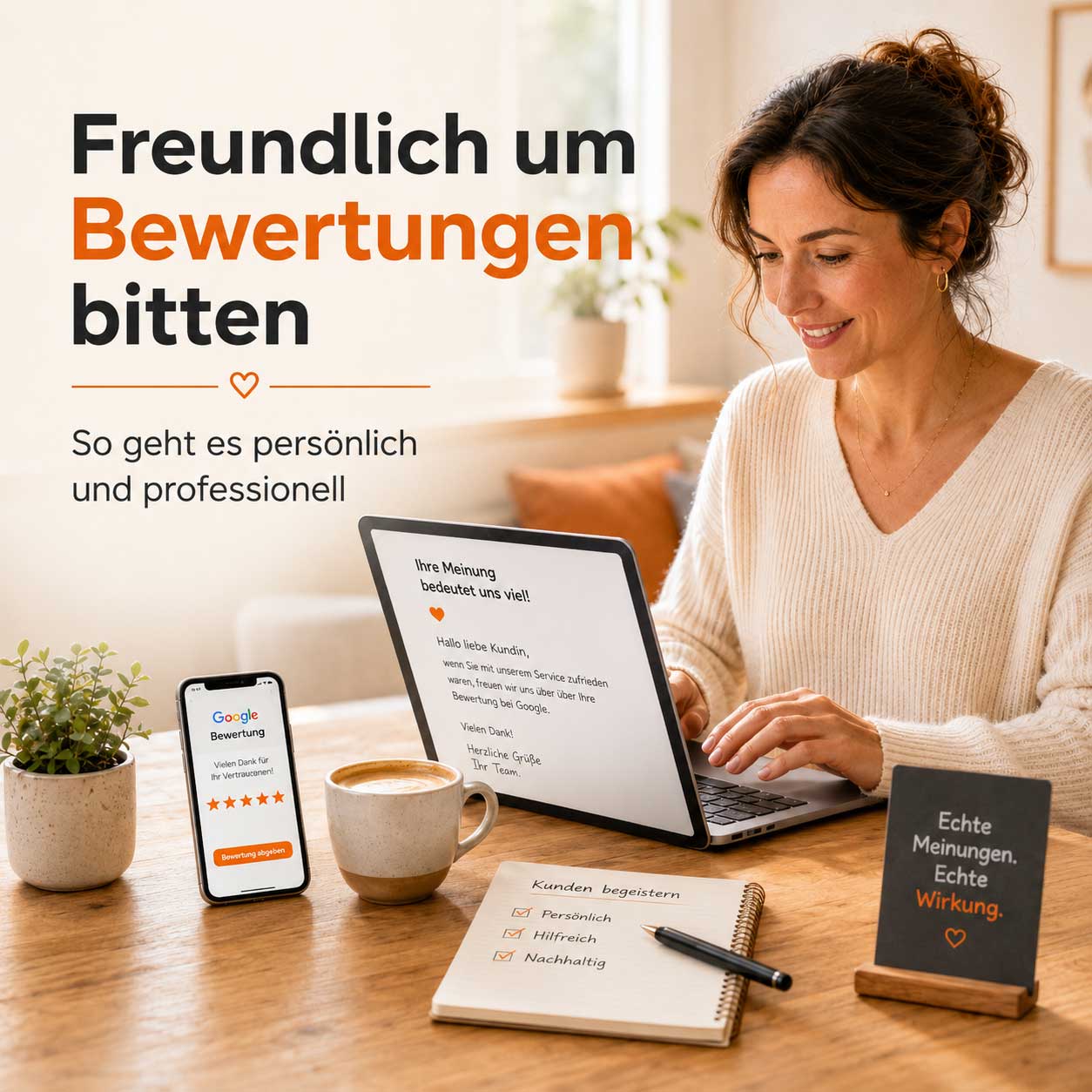 Frau am Laptop erstellt eine freundliche Bitte um Google Bewertungen mit Smartphone und Checkliste auf dem Tisch.