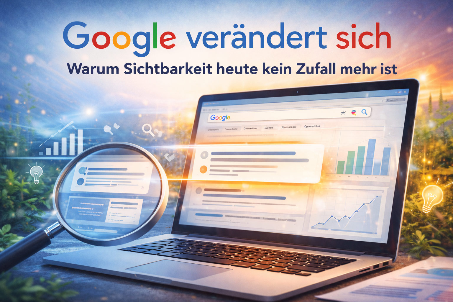Illustration zeigt Google-Suche im Wandel mit Laptop, Lupe und Diagrammen – Sinnbild für veränderte Suchergebnisse, KI und gezielte Website-Sichtbarkeit Illustration zeigt Google-Suche im Wandel mit Laptop, Lupe und Diagrammen – Sinnbild für veränderte Suchergebnisse, KI und gezielte Website-Sichtbarkeit