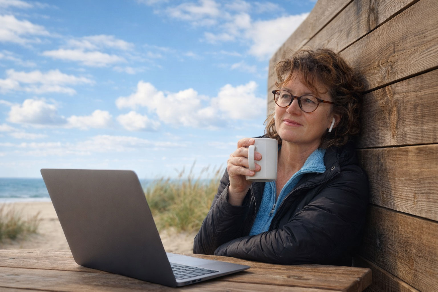 Arbeitsmoment mit Kaffee und Notebook auf Pellworm – Rückblick auf 20 Jahre MEDIAteria