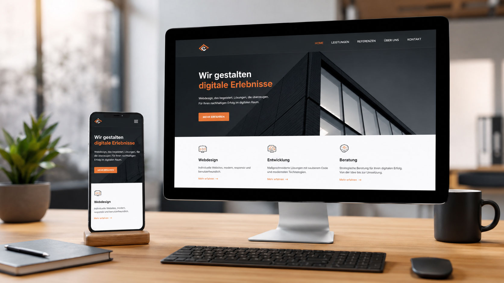 Moderne Unternehmenswebsite wird auf einem Desktop-Monitor und einem Smartphone dargestellt.