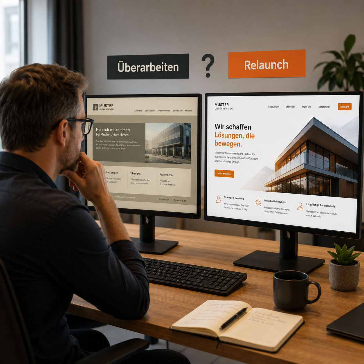Unternehmer vergleicht eine bestehende Website mit einem modernen Website-Relaunch.