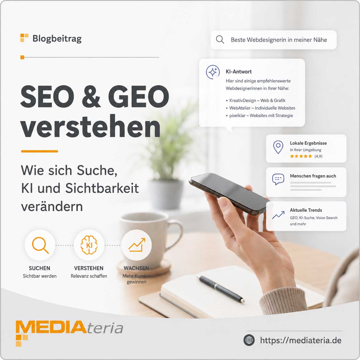 Bloggrafik zu SEO und GEO: Eine Person nutzt ein Smartphone, während KI-Antworten, lokale Ergebnisse und moderne Google-Suche dargestellt werden.