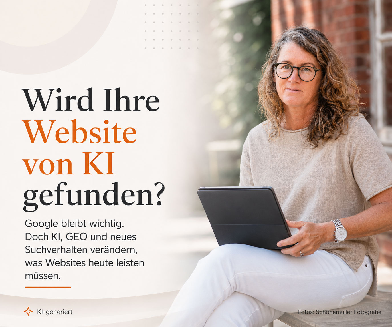 Ines Preißer mit Tablet neben der Frage, ob eine Website von KI gefunden wird.