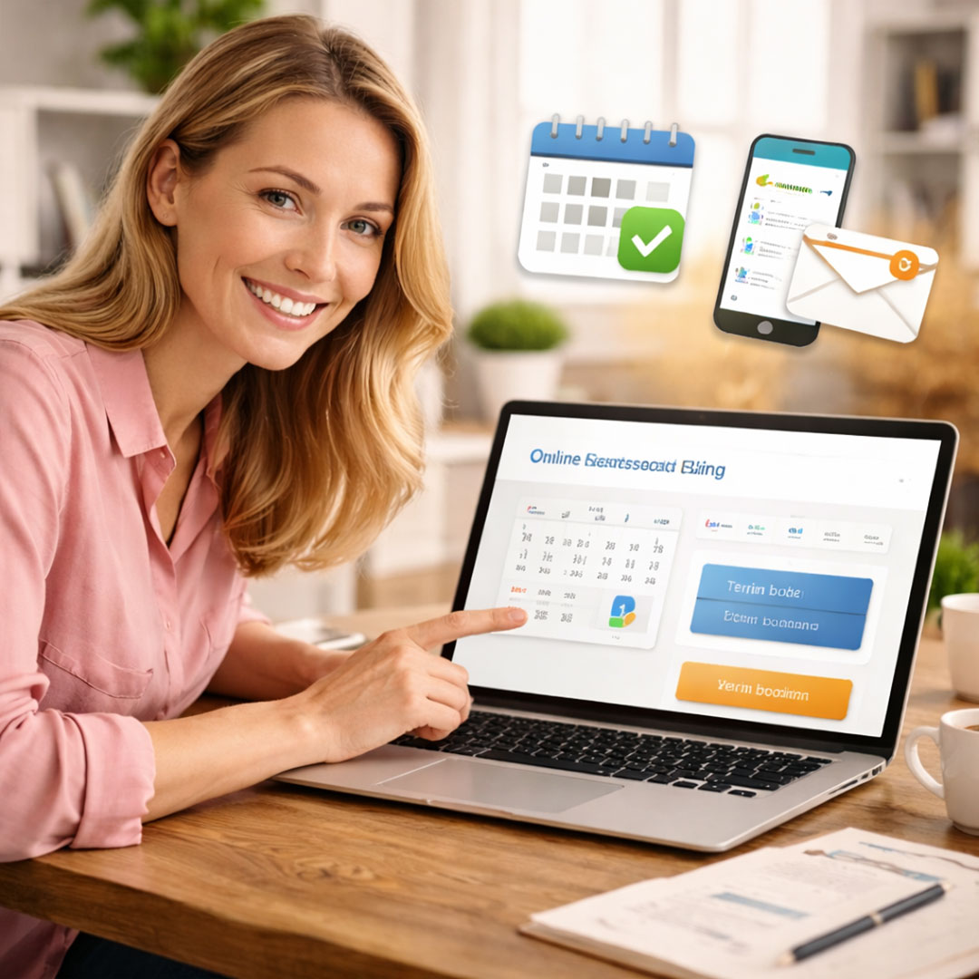 Unternehmerin nutzt ein Online-Termin- und Buchungssystem auf ihrer Website in einer modernen Arbeitsumgebung