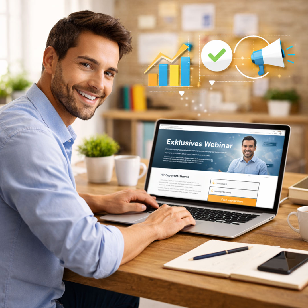 Unternehmer arbeitet am Laptop an einer Landingpage mit klarer Zielsetzung zur Leadgenerierung