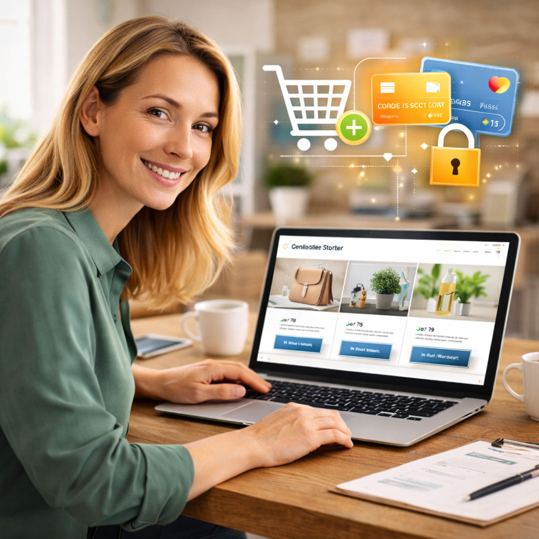 Unternehmerin verwaltet einen Online-Shop mit Produktübersicht und sicherer Zahlungsabwicklung auf ihrer Website
