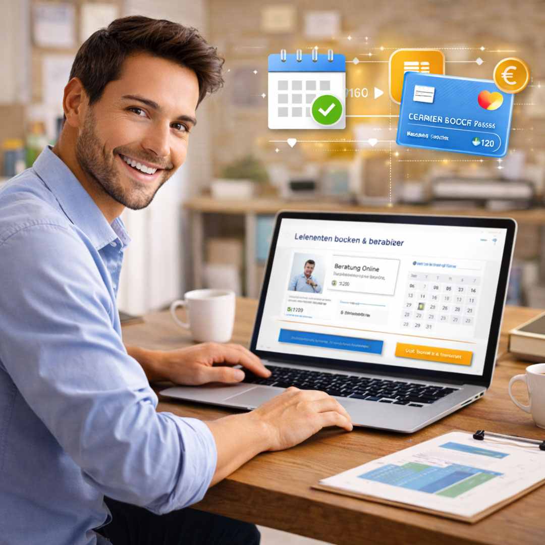 Unternehmer bucht eine Dienstleistung über ein Online-Buchungs- und Zahlungssystem auf einer Website