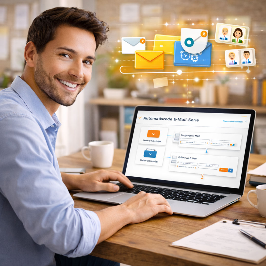 Unternehmer arbeitet am Laptop mit einem automatisierten E-Mail-Marketing-System zur strukturierten Kundenkommunikation