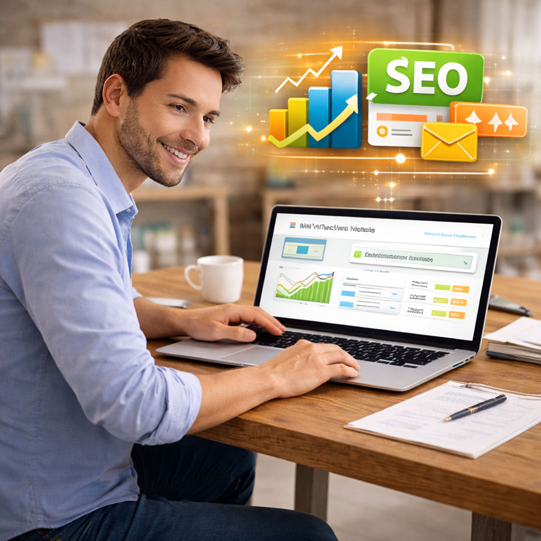 Unternehmer optimiert die Sichtbarkeit seiner Website mit erweiterten Suchmaschinenoptimierungsmaßnahmen