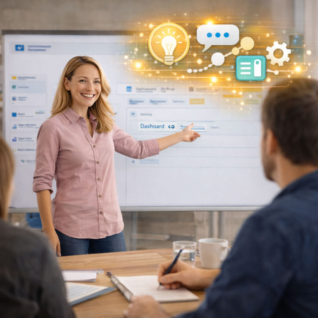 Unternehmerin erklärt in einem Workshop die Nutzung und Pflege einer Website vor einem kleinen Team