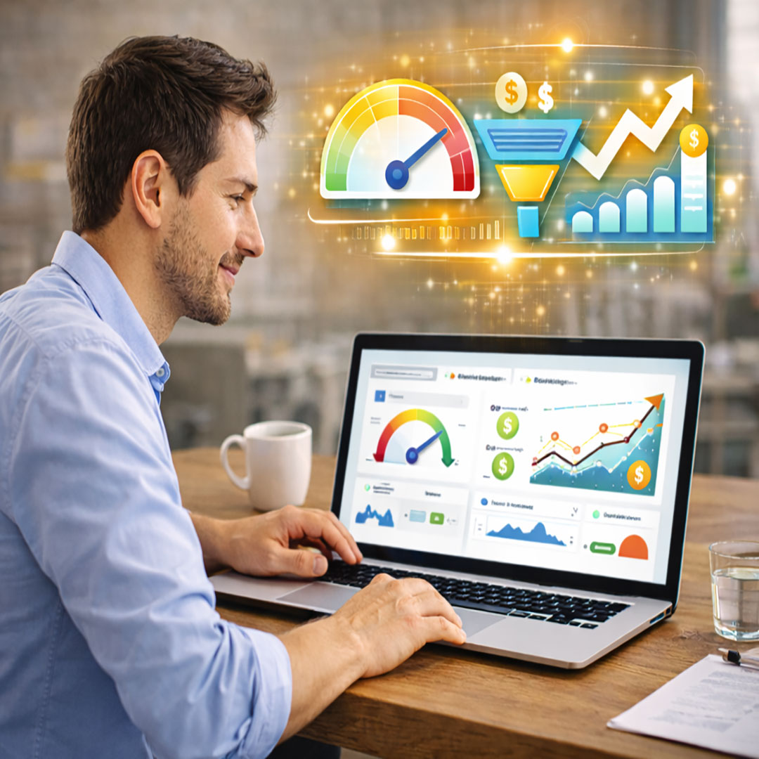 Unternehmer analysiert Website-Performance und Conversion-Raten anhand von Kennzahlen, Diagrammen und Nutzerverhalten