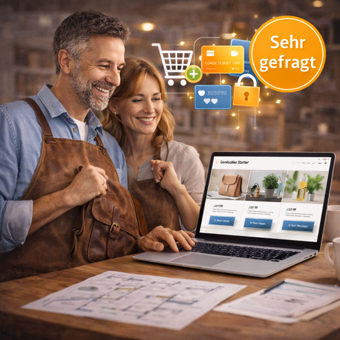 Unternehmer verwalten einen Online-Shop mit Produktübersicht und sicherer Zahlungsabwicklung auf ihrer Website
