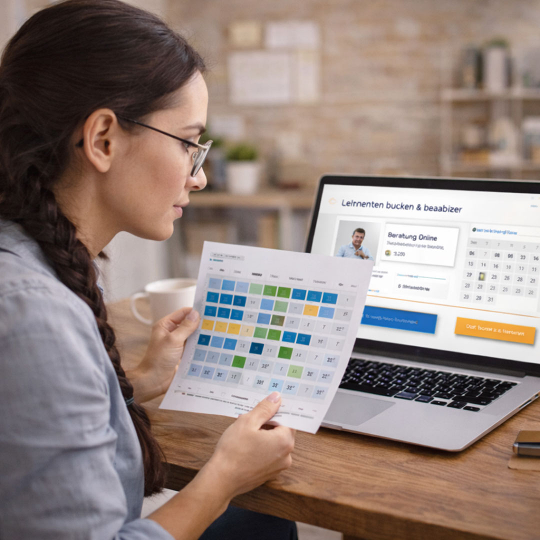 Junge Unternehmerin bucht eine Dienstleistung über ein Online-Buchungs- und Zahlungssystem auf einer Website