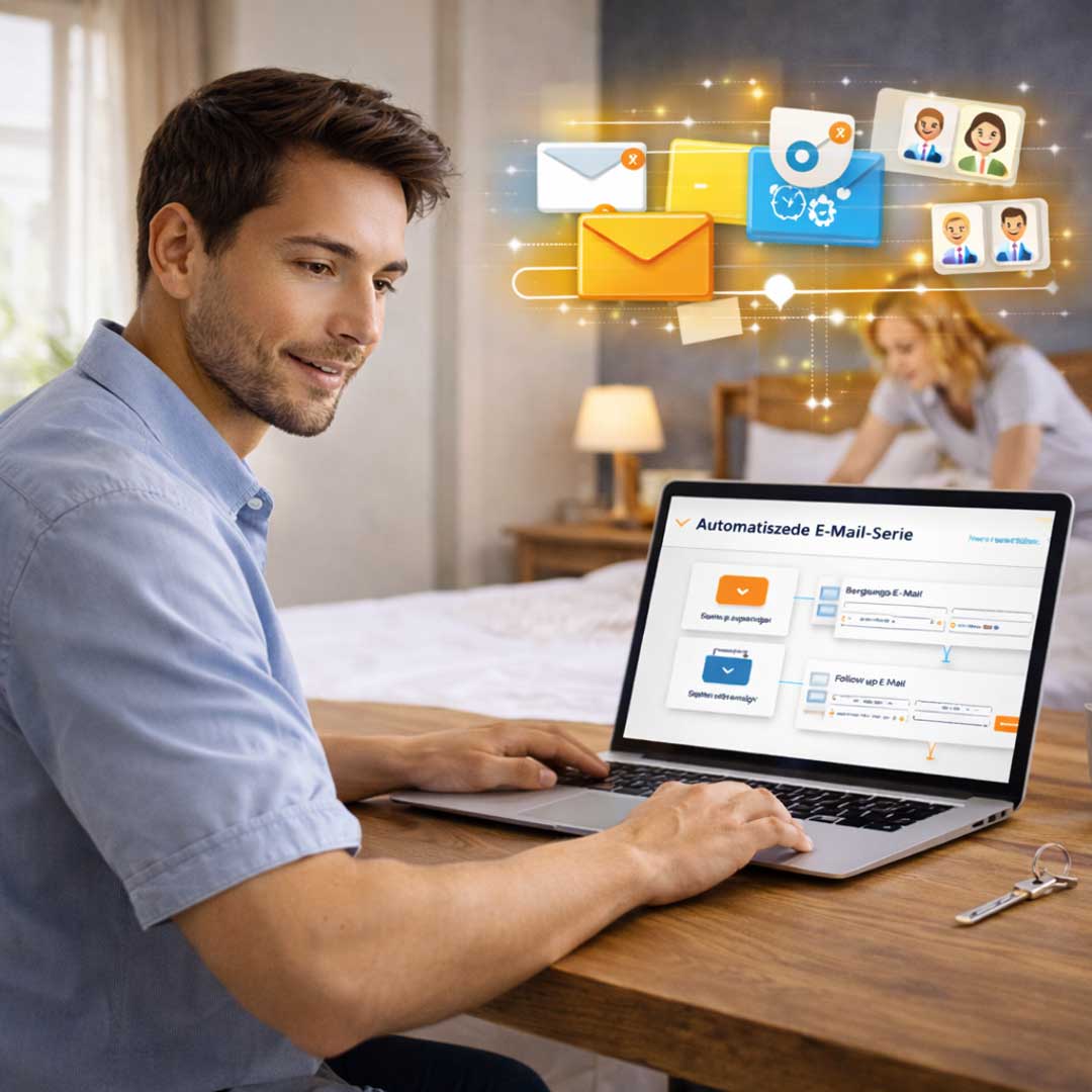 Unternehmer arbeitet am Laptop mit einem automatisierten E-Mail-Marketing-System zur strukturierten Kundenkommunikation