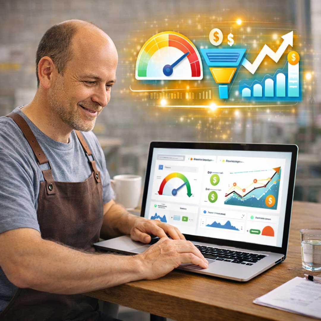 Unternehmer analysiert Website-Performance und Conversion-Raten anhand von Kennzahlen, Diagrammen und Nutzerverhalten