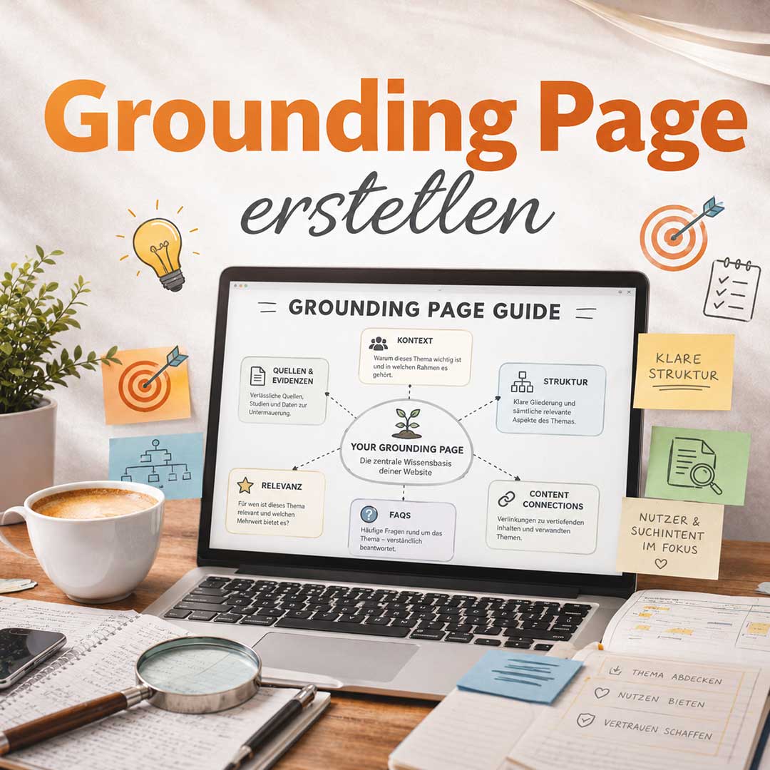 Bild zum Produkt „Grounding Page erstellen“ mit Laptop, Struktur-Guide und Notizen für SEO, KI-Sichtbarkeit und Content-Aufbau.